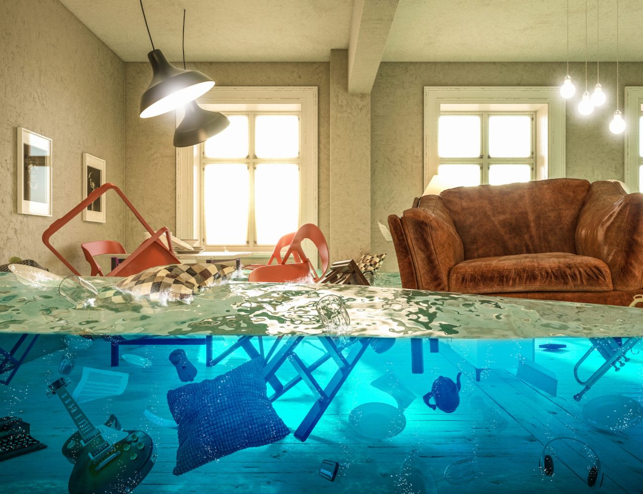 living room flooded with floating chair and no one above. Concept of domestic problems. 3d image render.